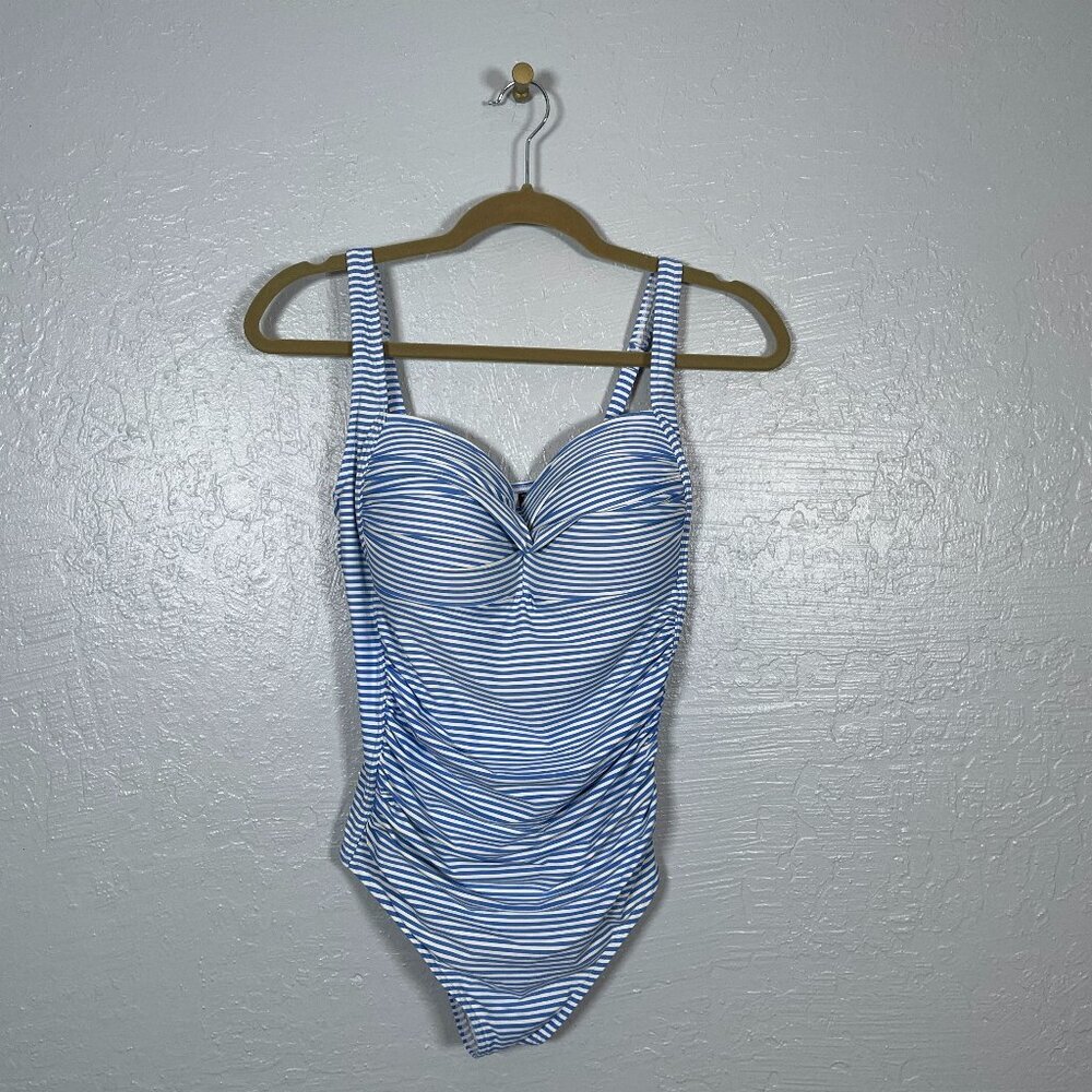 Niptuck Swim Women 10 Blue White Stripe One-Piece Swimsuit Multi Fit Padded Cup